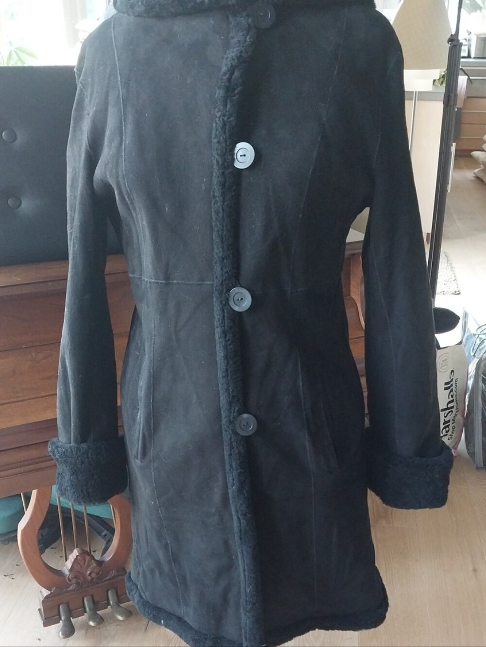 Women's Black Teddy-Trim Coat with Hood